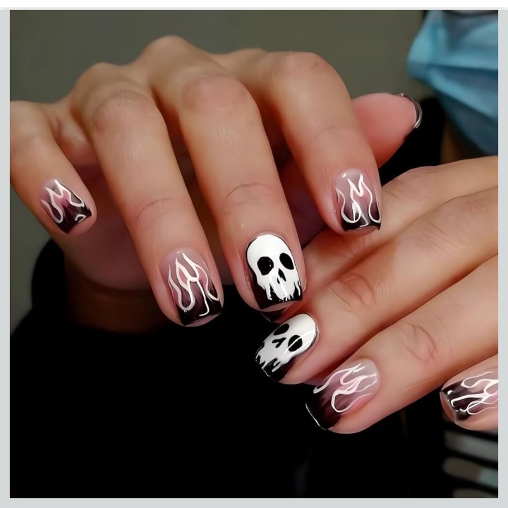 Skull and Flames Nail Art